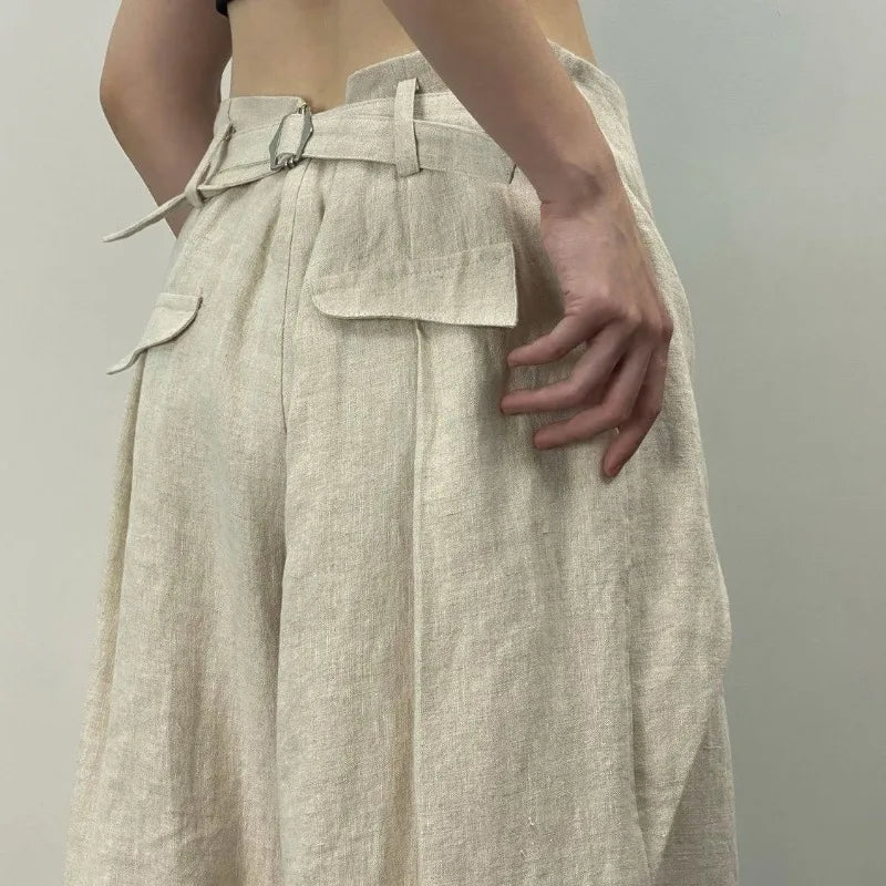 GETADME Hikigawa Chic Fashion Women Casual Pleated Wide Leg Pants Linen Texture All Match Loose High Waist Trousers Mujer Pantalones
