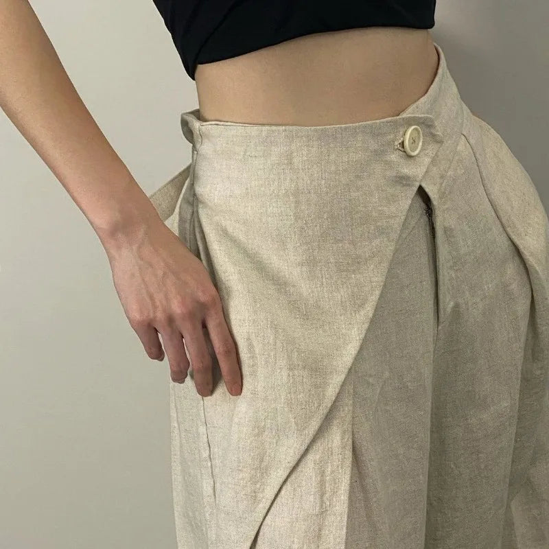 GETADME Hikigawa Chic Fashion Women Casual Pleated Wide Leg Pants Linen Texture All Match Loose High Waist Trousers Mujer Pantalones