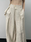 GETADME Hikigawa Chic Fashion Women Casual Pleated Wide Leg Pants Linen Texture All Match Loose High Waist Trousers Mujer Pantalones