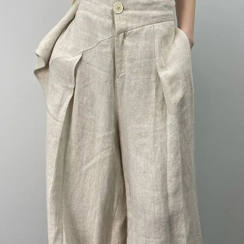 GETADME Hikigawa Chic Fashion Women Casual Pleated Wide Leg Pants Linen Texture All Match Loose High Waist Trousers Mujer Pantalones