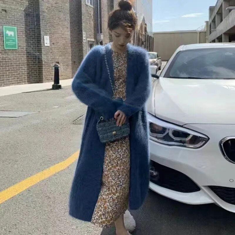 Getadme Imitation Mink Long Cardigan Women Casual Loose Soft Sweater Gilet Elegant Fall Winter Fluffy Knitwear Jackets Warm Knit