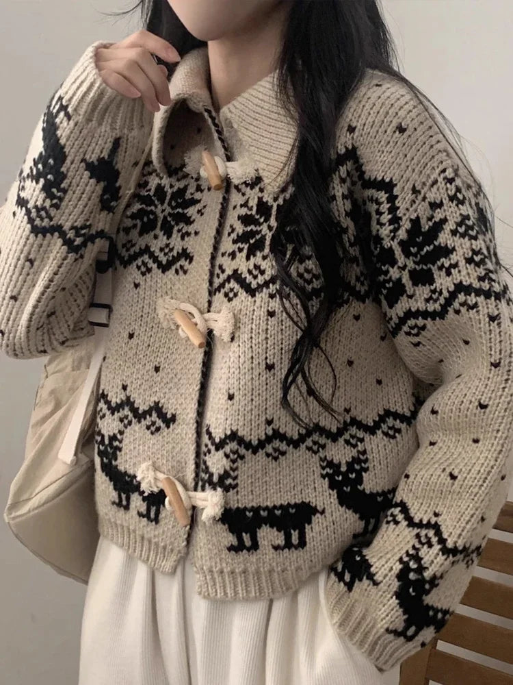 GETADME Lazy sweater jacket women's winter warm horn button snowflake knitted cardigan retro lapel y2k ins Harajuku long-sleeved top