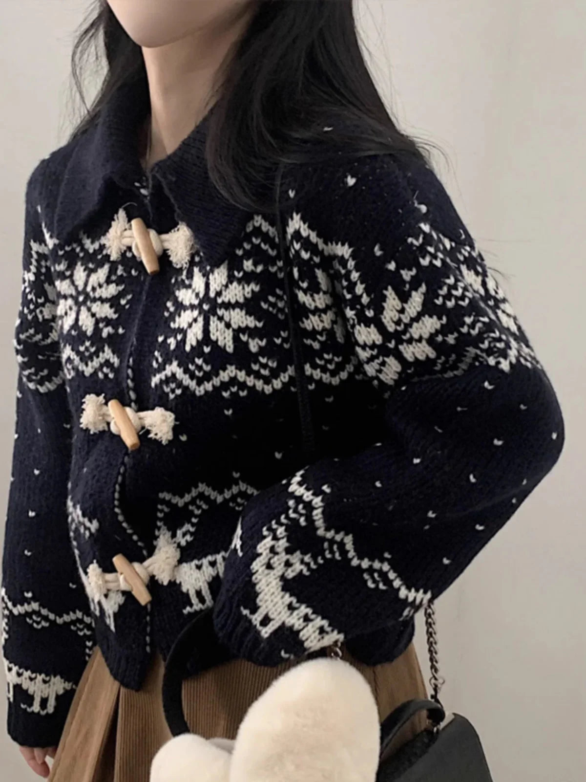 GETADME Lazy sweater jacket women's winter warm horn button snowflake knitted cardigan retro lapel y2k ins Harajuku long-sleeved top