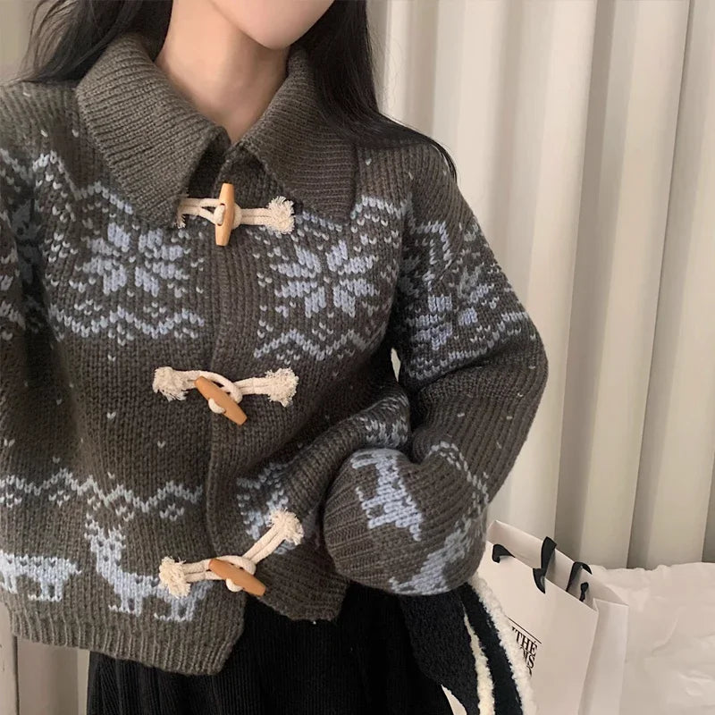 GETADME Lazy sweater jacket women's winter warm horn button snowflake knitted cardigan retro lapel y2k ins Harajuku long-sleeved top