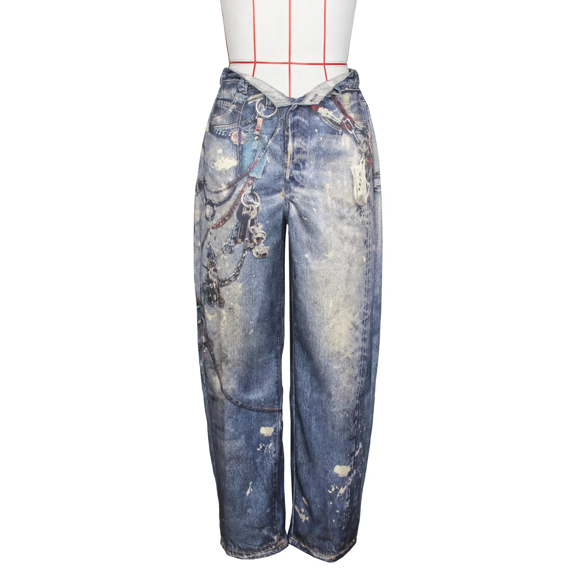 GETADME Leosoxs Women Denim Pants Spring Casual Leather 3D Printed Wide Leg Pants Streetwear Lady Loose Straight-Leg Jeans Trousers