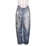 GETADME Leosoxs Women Denim Pants Spring Casual Leather 3D Printed Wide Leg Pants Streetwear Lady Loose Straight-Leg Jeans Trousers