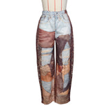 GETADME Leosoxs Women Denim Pants Spring Casual Leather 3D Printed Wide Leg Pants Streetwear Lady Loose Straight-Leg Jeans Trousers