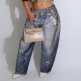 GETADME Leosoxs Women Denim Pants Spring Casual Leather 3D Printed Wide Leg Pants Streetwear Lady Loose Straight-Leg Jeans Trousers
