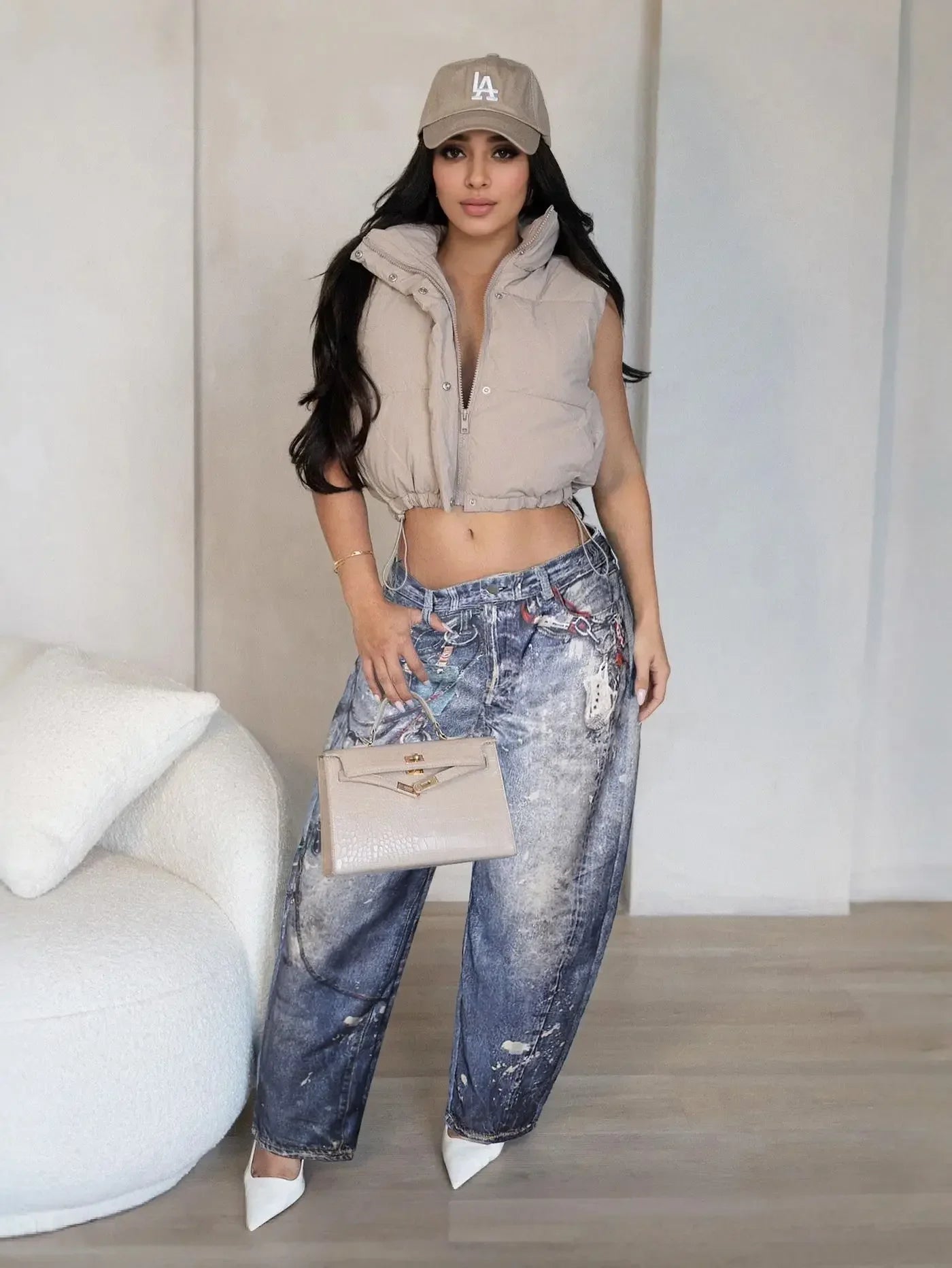 GETADME Leosoxs Women Denim Pants Spring Casual Leather 3D Printed Wide Leg Pants Streetwear Lady Loose Straight-Leg Jeans Trousers