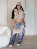 GETADME Leosoxs Women Denim Pants Spring Casual Leather 3D Printed Wide Leg Pants Streetwear Lady Loose Straight-Leg Jeans Trousers