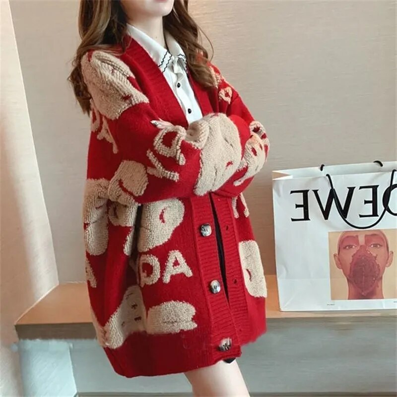 Getadme Loose Sweater Oversize Woman Christmas Sweater Coat Korean Fashion Sweet Cardigans For Women Thick Winter Clothes Knitted