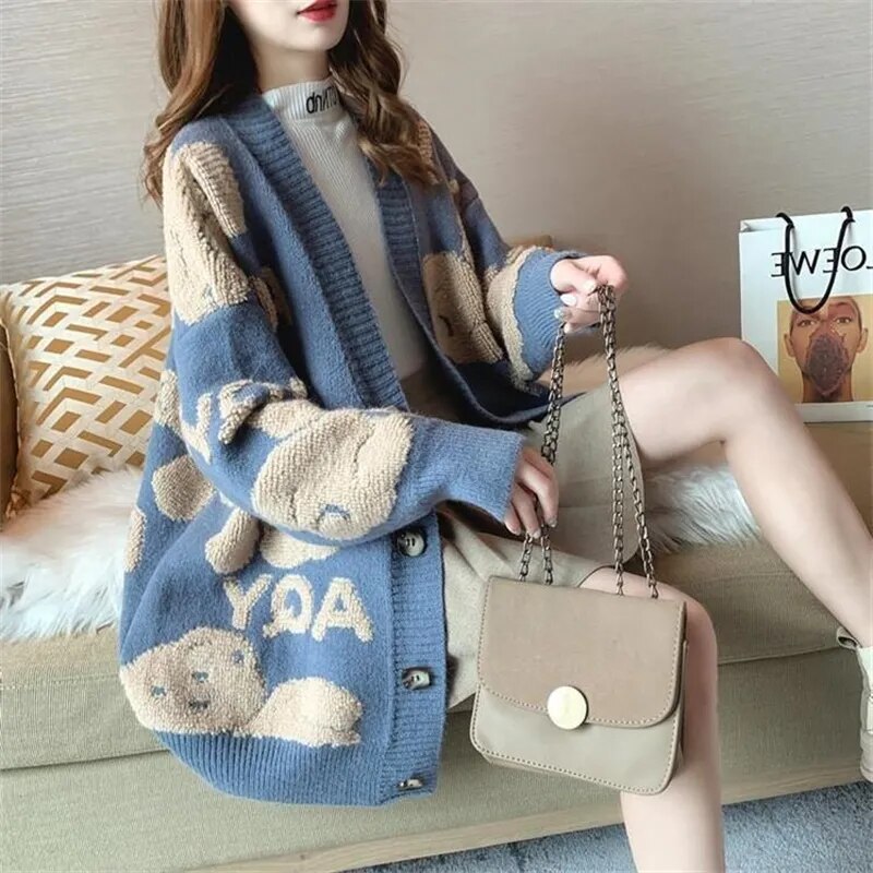 Getadme Loose Sweater Oversize Woman Christmas Sweater Coat Korean Fashion Sweet Cardigans For Women Thick Winter Clothes Knitted