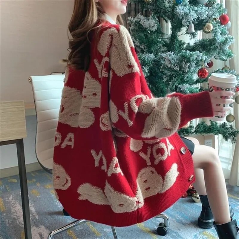Getadme Loose Sweater Oversize Woman Christmas Sweater Coat Korean Fashion Sweet Cardigans For Women Thick Winter Clothes Knitted
