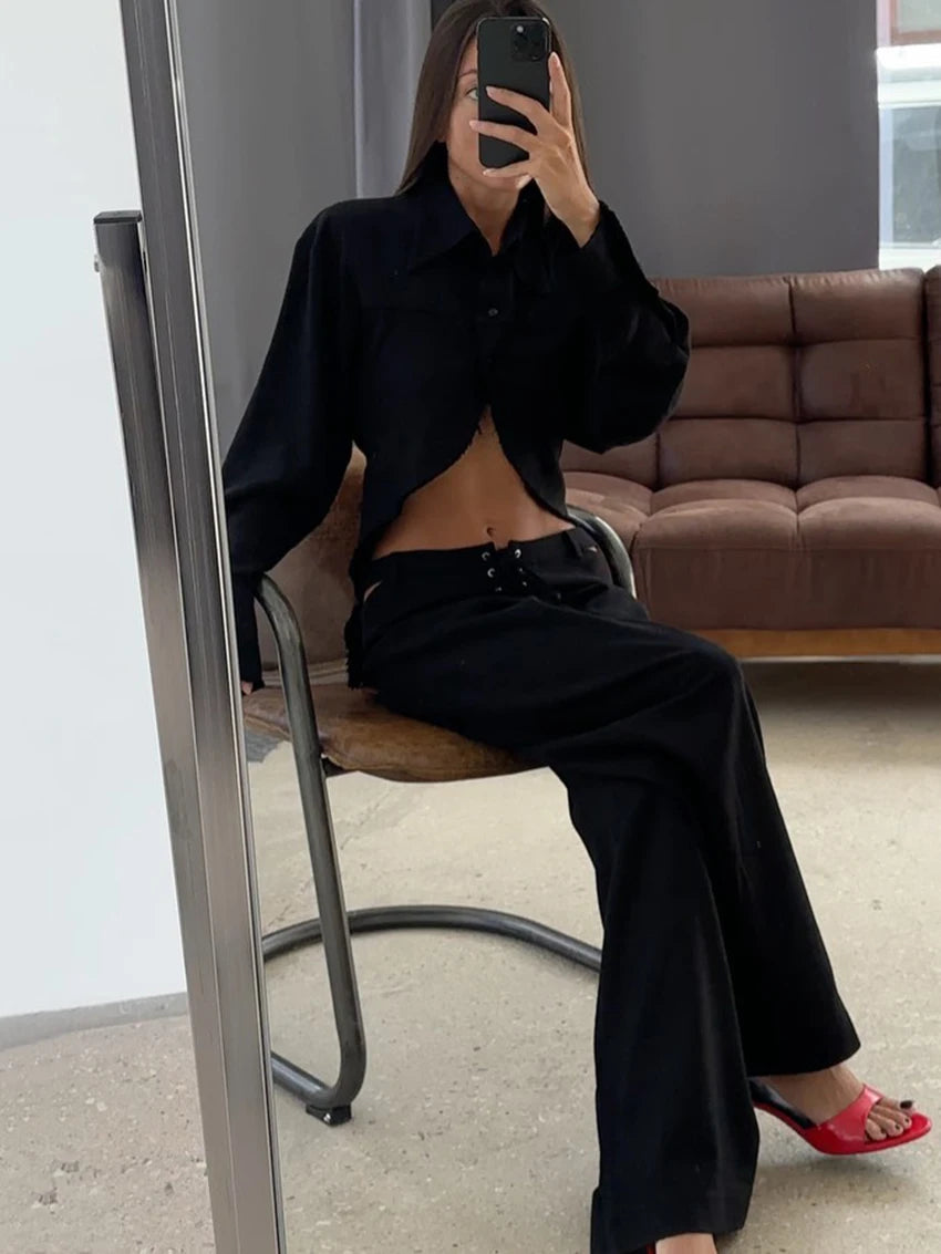 GETADME Marthaqiqi Fashion Female Nightgown Set Long Sleeve Pajamas Turn-Down Collar Sleepwear Crop Top Nightie Pants Women Pyjamas Suit