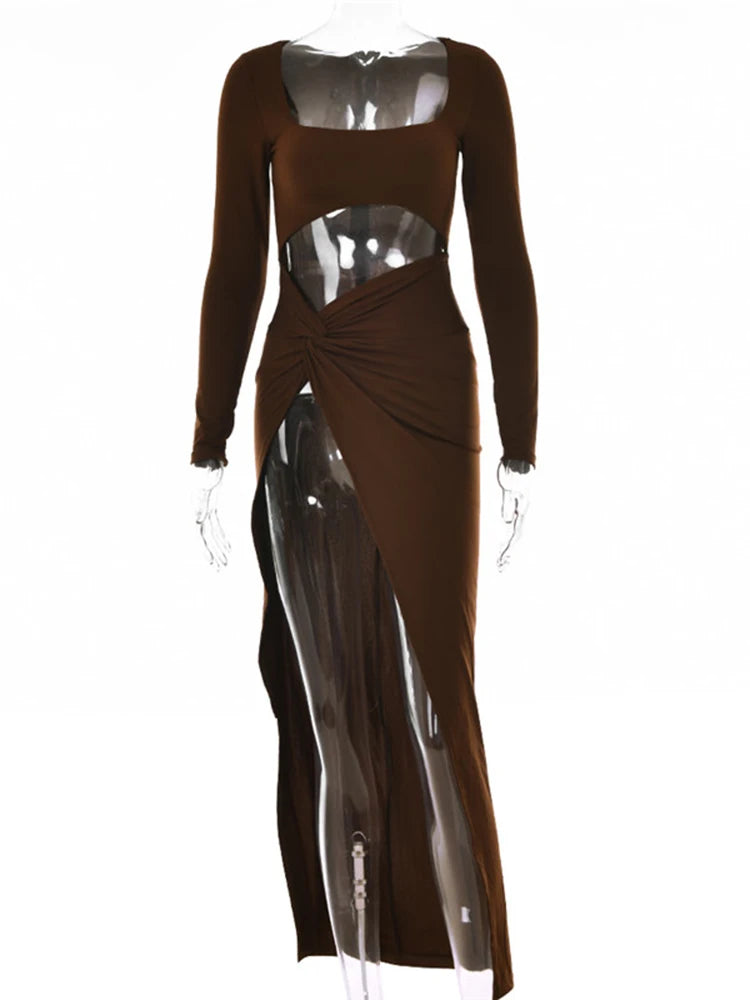 GETADME Mozision Sexy Hollow Out High Split Maxi Dress For Women Robe 2022 Autumn Full Sleeve Ruched Club Party Long Dress Vestido