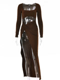GETADME Mozision Sexy Hollow Out High Split Maxi Dress For Women Robe 2022 Autumn Full Sleeve Ruched Club Party Long Dress Vestido