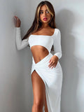 GETADME Mozision Sexy Hollow Out High Split Maxi Dress For Women Robe 2022 Autumn Full Sleeve Ruched Club Party Long Dress Vestido