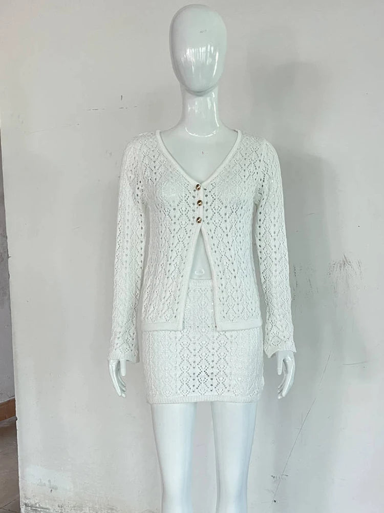 GETADME Mozision Sexy Knit Skirt Two Piece Sets Women Fashion Hollow Out V Neck Long Sleeve Cardigans And Mini Skirt Matching Sets