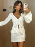 GETADME Mozision Sexy Knit Skirt Two Piece Sets Women Fashion Hollow Out V Neck Long Sleeve Cardigans And Mini Skirt Matching Sets