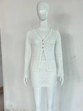 GETADME Mozision Sexy Knit Skirt Two Piece Sets Women Fashion Hollow Out V Neck Long Sleeve Cardigans And Mini Skirt Matching Sets