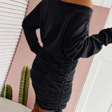 GETADME Off Shoulder Ruffled Drawstring Sexy Robe Autumn Pure Women Long Sleeve Mini Pencil Dress Sweatshirt Streetwear Dresses Female