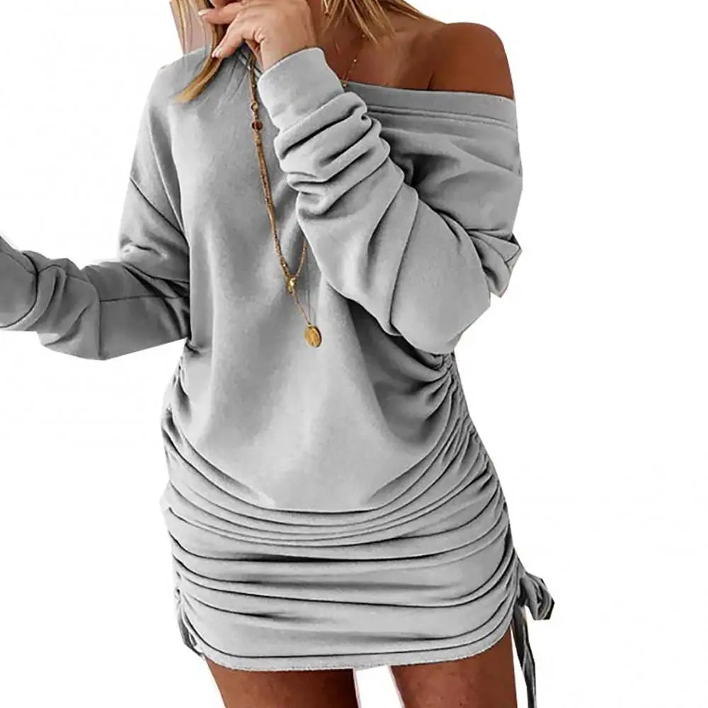 GETADME Off Shoulder Ruffled Drawstring Sexy Robe Autumn Pure Women Long Sleeve Mini Pencil Dress Sweatshirt Streetwear Dresses Female