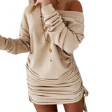 GETADME Off Shoulder Ruffled Drawstring Sexy Robe Autumn Pure Women Long Sleeve Mini Pencil Dress Sweatshirt Streetwear Dresses Female