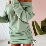 GETADME Off Shoulder Ruffled Drawstring Sexy Robe Autumn Pure Women Long Sleeve Mini Pencil Dress Sweatshirt Streetwear Dresses Female