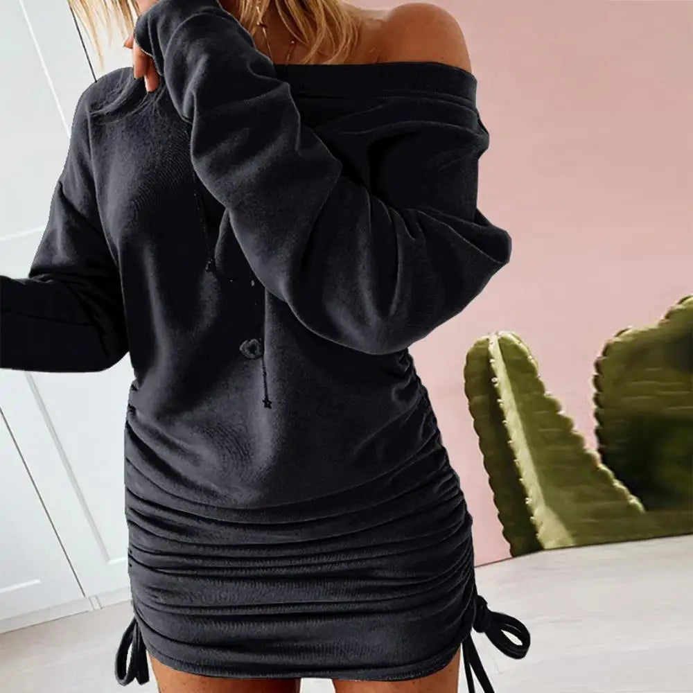 GETADME Off Shoulder Ruffled Drawstring Sexy Robe Autumn Pure Women Long Sleeve Mini Pencil Dress Sweatshirt Streetwear Dresses Female