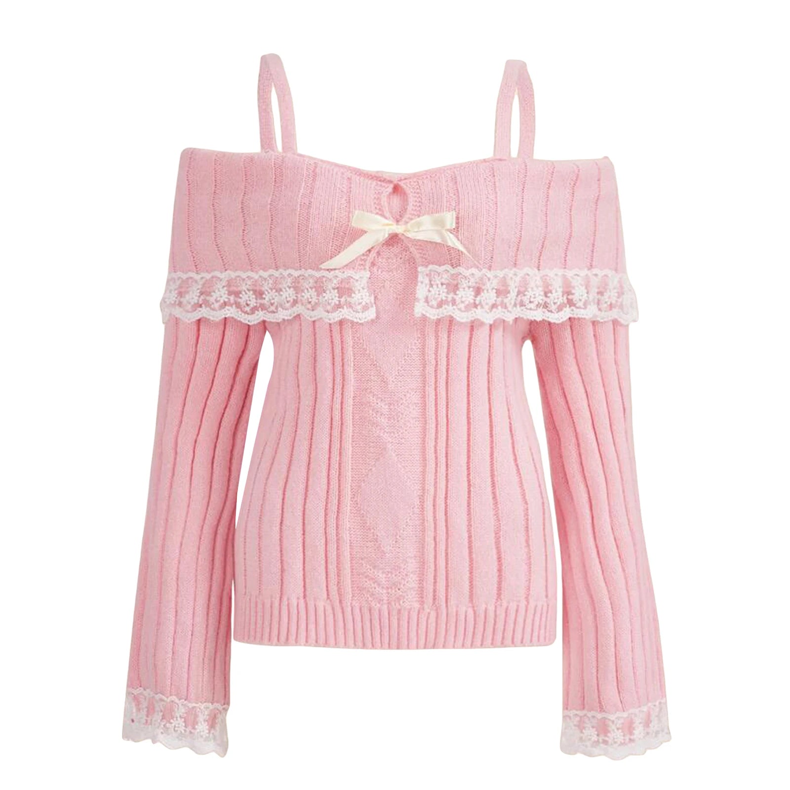 GETADME Off Shoulder Sweaters Women Long Sleeve Knit Pullovers Bow Front Jumper Tops Grunge Aesthetics y2k Streetwear
