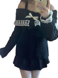 GETADME Off Shoulder Sweaters Women Long Sleeve Knit Pullovers Bow Front Jumper Tops Grunge Aesthetics y2k Streetwear