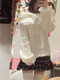 GETADME Off Shoulder Sweaters Women Long Sleeve Knit Pullovers Bow Front Jumper Tops Grunge Aesthetics y2k Streetwear