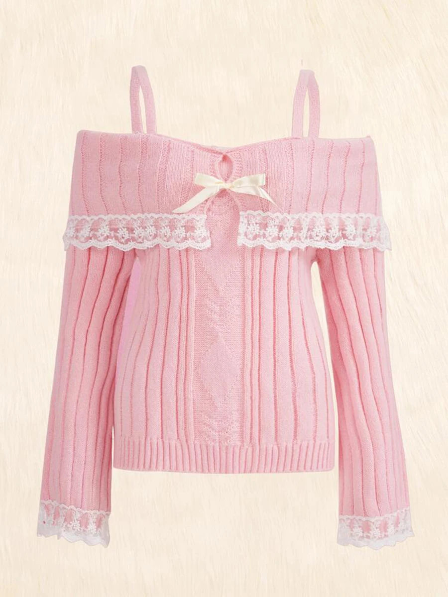 GETADME Off Shoulder Sweaters Women Long Sleeve Knit Pullovers Bow Front Jumper Tops Grunge Aesthetics y2k Streetwear