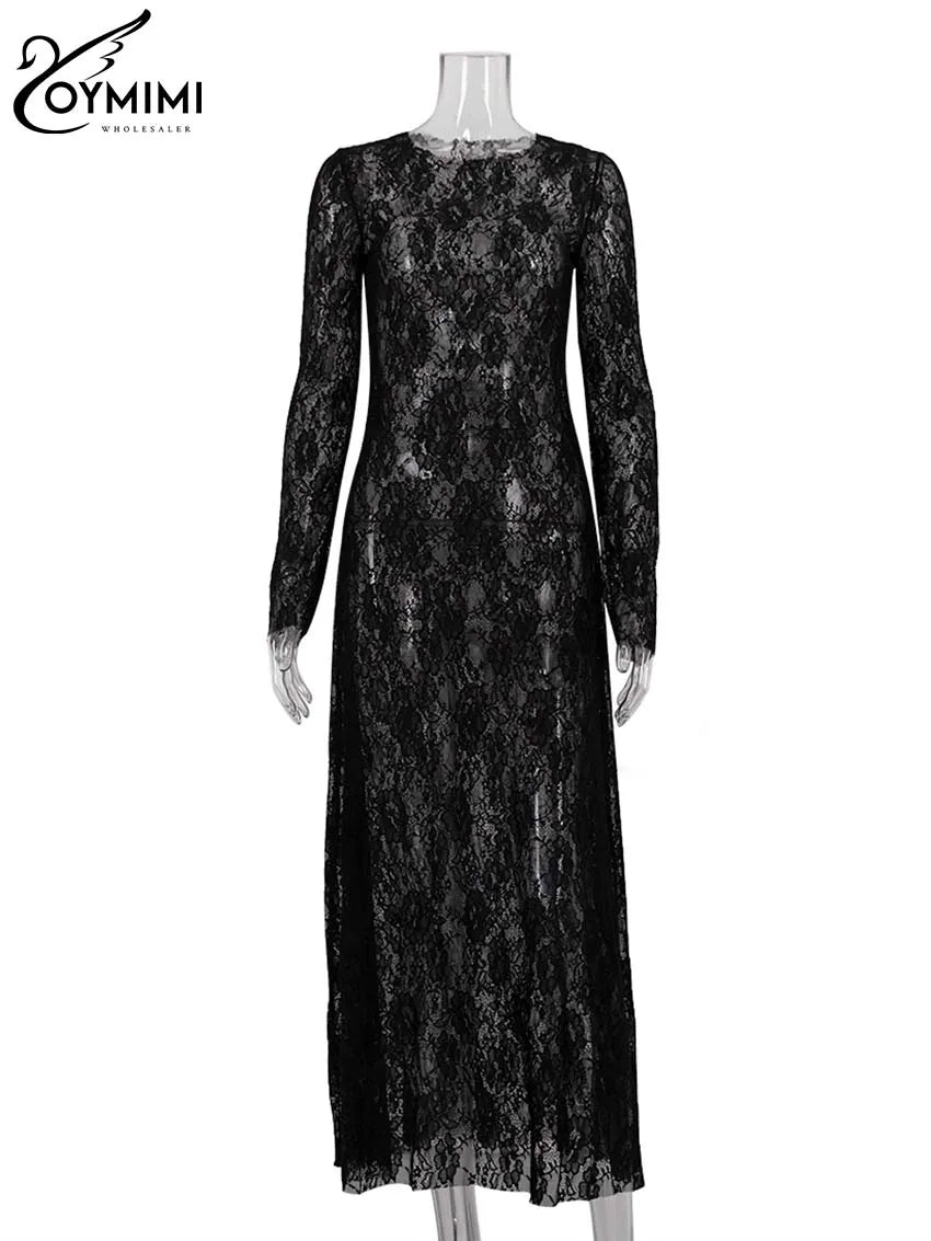 GETADME Oymimi Sexy Black Lace Women's Dress Elegant O-Neck Long Sleeve Transparent Dresses Fashion Straight Ankle-Length Dresses Female