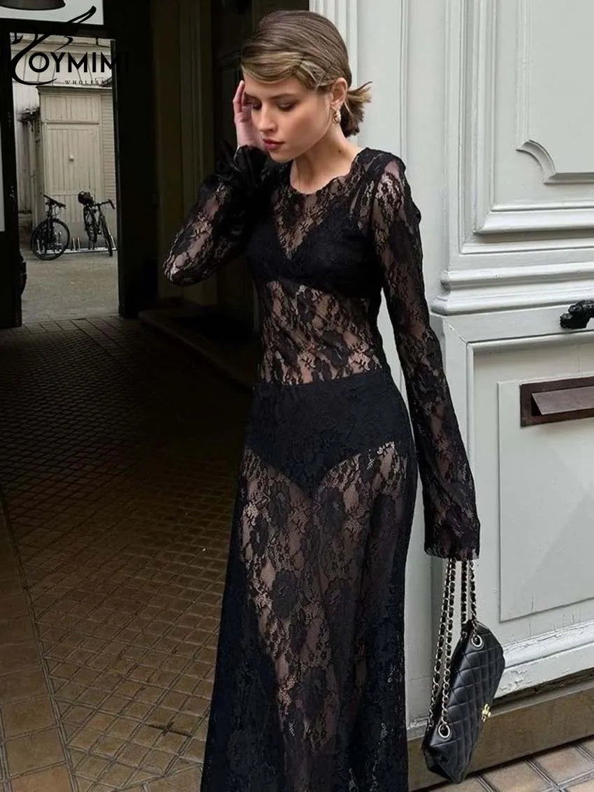 GETADME Oymimi Sexy Black Lace Women's Dress Elegant O-Neck Long Sleeve Transparent Dresses Fashion Straight Ankle-Length Dresses Female
