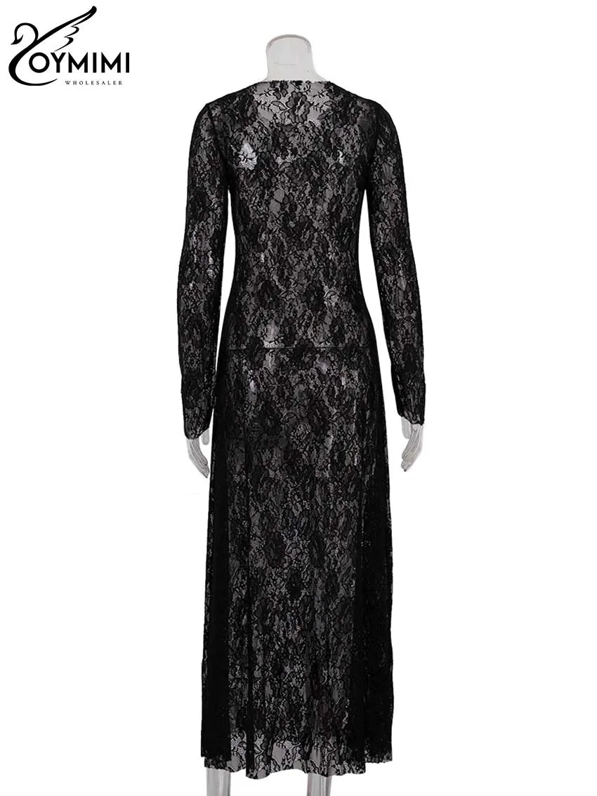 GETADME Oymimi Sexy Black Lace Women's Dress Elegant O-Neck Long Sleeve Transparent Dresses Fashion Straight Ankle-Length Dresses Female
