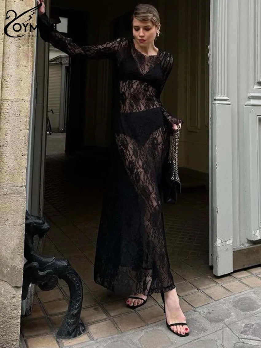 GETADME Oymimi Sexy Black Lace Women's Dress Elegant O-Neck Long Sleeve Transparent Dresses Fashion Straight Ankle-Length Dresses Female