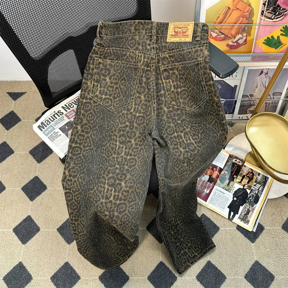 Getadme Retro Spring Trendy Leopard Print Jeans Women's American High Street Trousers Y2K Harajuku Style Baggy High Waist Casual Pants