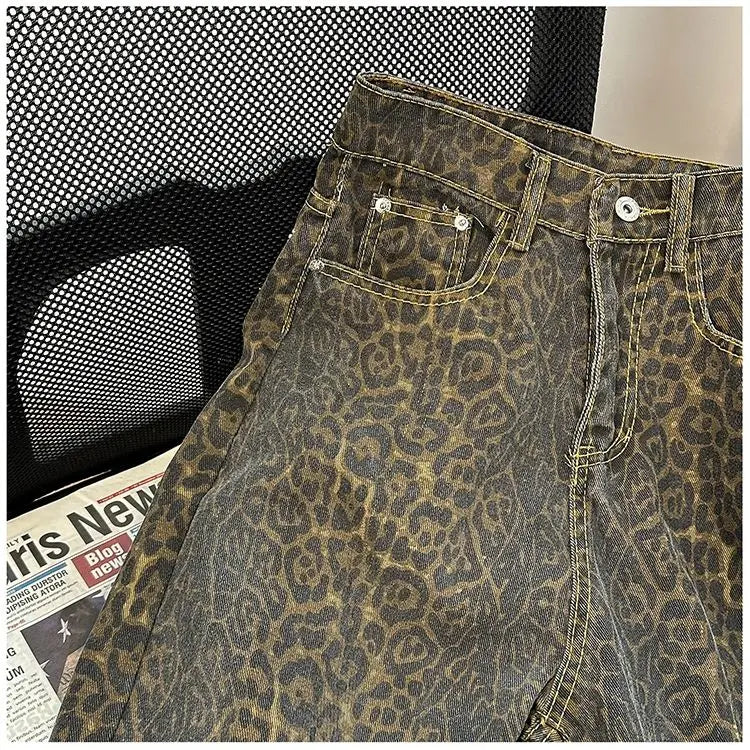 Getadme Retro Spring Trendy Leopard Print Jeans Women's American High Street Trousers Y2K Harajuku Style Baggy High Waist Casual Pants