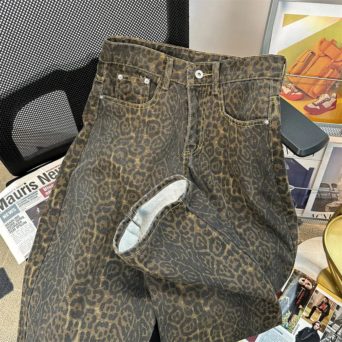 Getadme Retro Spring Trendy Leopard Print Jeans Women's American High Street Trousers Y2K Harajuku Style Baggy High Waist Casual Pants