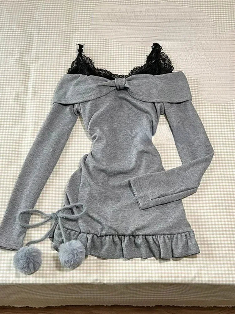 GETADME Sweet Sexy Lace Patchwork Black Camisole Dress for Women+ Long Sleeve Slim Fit Y2k Crop Tops Autumn New Two Piece Sets Outfits