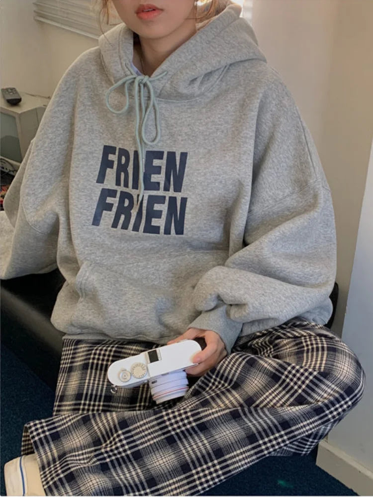 Getadme- Oversized American Retro Hoodies Women Korean Casual Hooded Sweatshirts Thicken Warm Top Harajuku Pullover Autumn