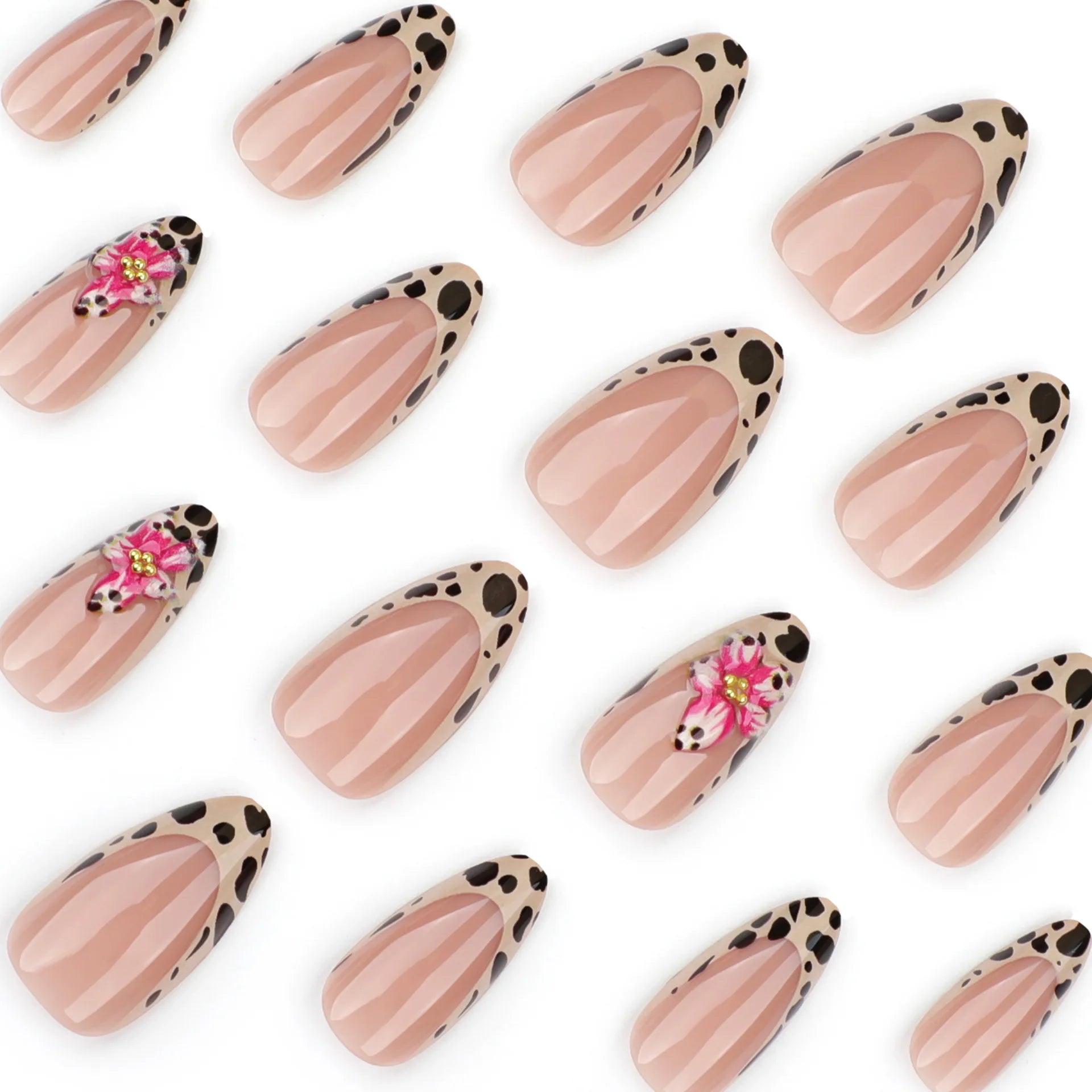 GETADME 24pcs Brown French Leopard Print Press On Nails Stereo Pink Flower Designs Autumn False Nails Sweet Cool Almond Fake Nail Tips