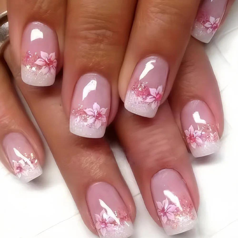 Getadme 24Pcs Short Square Head French False Nails Press on With Simple Flower Design Fake Nail for Woman Reusable Full Cover Nails Tips