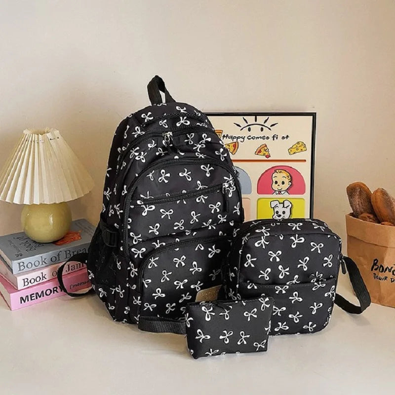 GETADME 3 Pcs/Set Cute Large Capacity Backpack For girl Bow Print Nylon School Bag Adjustable Strap women Travel Computer Backpack