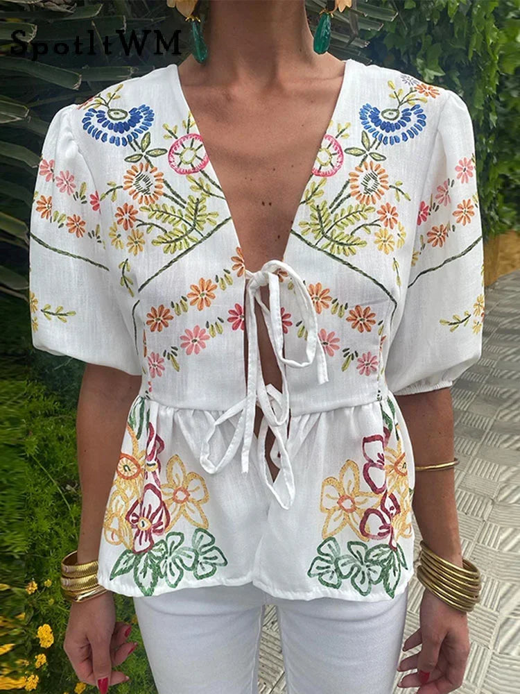 Getadme Elegant Flower Print Shirt Women Short Puff Sleeve Bow Lace Up Lady Blouse Spring Summer Fashion V-neck Casual Female Top