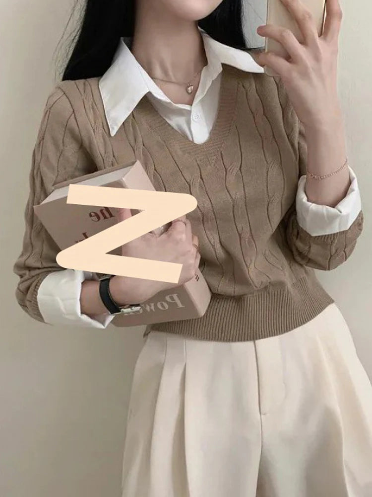 Getadme-Autumn Knitted Pullover Women Preppy Style Fake Two Piece Sweater Korean Fashion Long Sleeve Top Female Elegant Patchwork Shirt