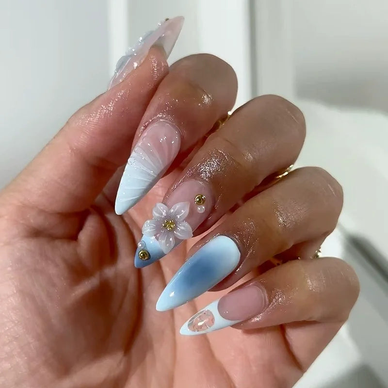 GETADME 24Pcs Mid-length 3D Flowers Design Fingertips Sweet Butterfly Yellow Ripple Almond False Nails Detachable Full Cover Press Ons