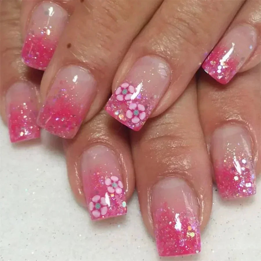 GETADME 24Pcs Short Square Coffin False Nails Square Fake Nails with Glue French Glitter Wearable Acrylic Nails Set Press on Nail Tips