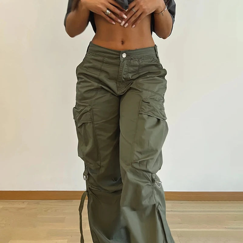 Getadme Rockmore Cargos Style Parachute Pants Low Waist Women Joggers Harajuku Pockets Baggy Wide Leg Trousers y2k Streetwear Casual